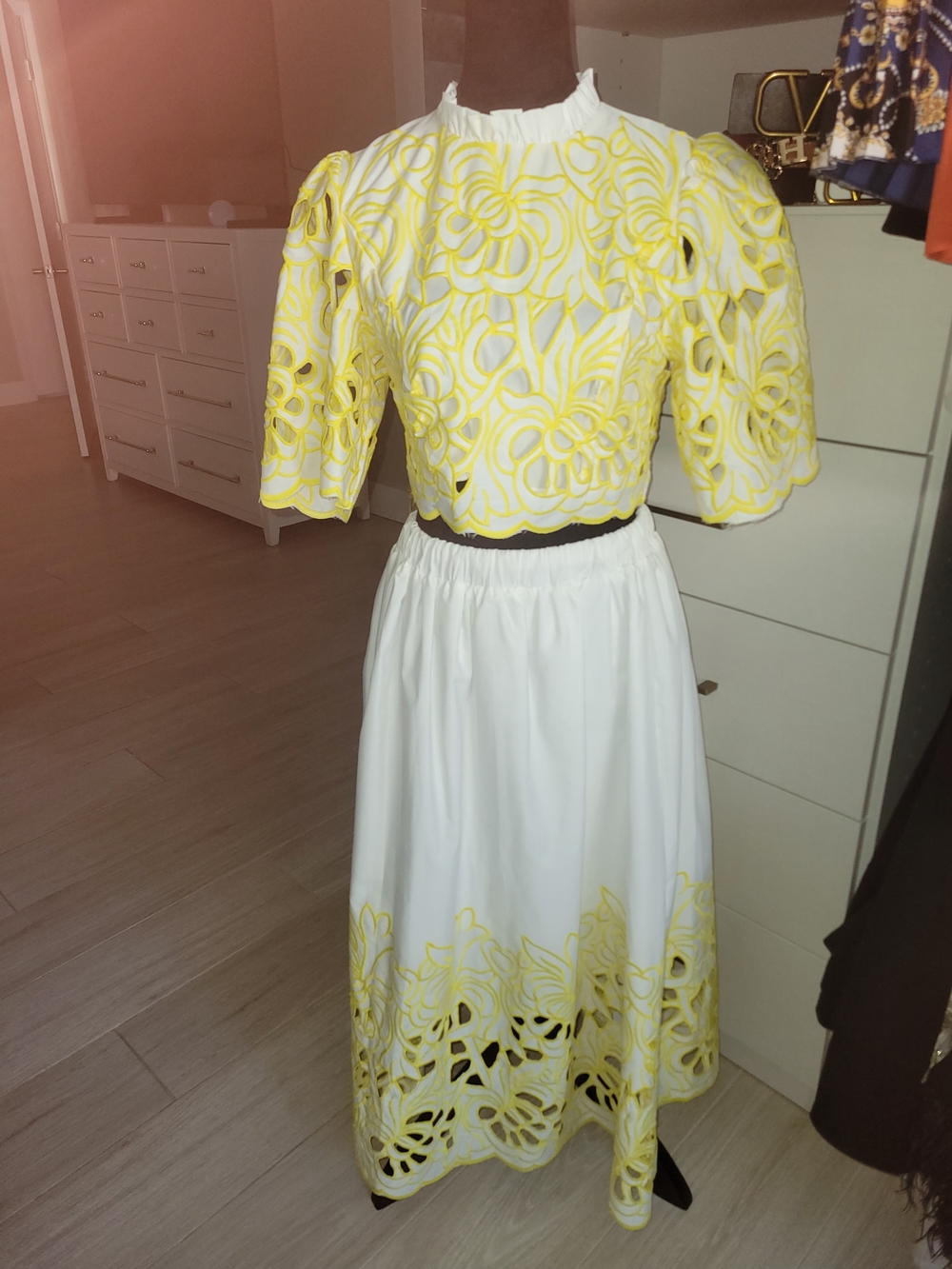 Primaveral White and Yellow Eyelet Midi Skirt - Women's